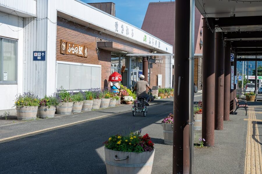 Scene outside Furano Station in Hokkaido Japan on a bright sunny day