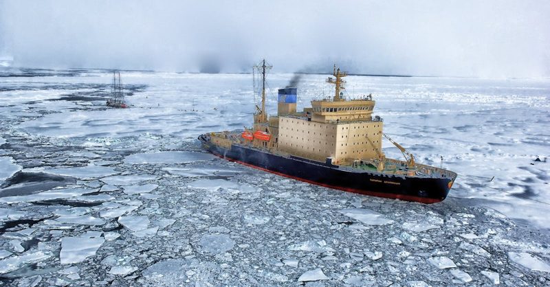 Icebreaker ship in frozen sea near Hokkaido