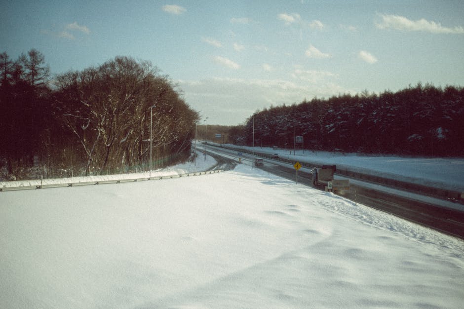 Snow-covered highway with adjacent forest in Hokkaido Japan