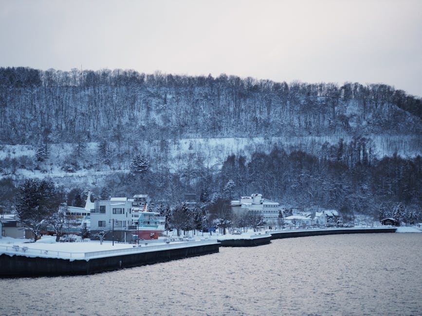 Serene winter landscape of Lake Toya with snow-covered trees in Hokkaido Japan