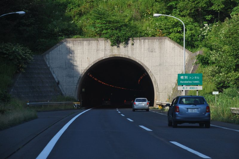 Horobetsu Tunnel (490m long) on the Hokkaido Expressway in Noboribetsu, Hokkaido. On the expressway between Noboribetsu and Shiraoi.